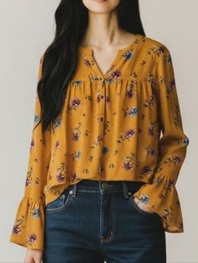 Mimi Chica Flare Sleeves Mustard Floral Button-Front Blouse